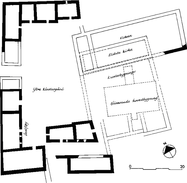 Halsnøy kloster, etter planlegning av Hans-Emil Lidén i Fortidsminner 54 (1967)