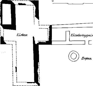 Ruinen av Kastelle kloster på «klosterkullen» i Gamle Kungahålla. Tegningen viser fann av murrester over og under bakken. Rekonstruerte murer er stiplet inn. Tegnet etter oppmåling av Erik B. Lundberg fra 1942