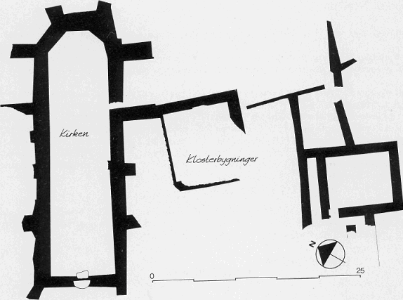 Planlegningen av fransiskanerklosteret i Kungahålla viser en skjematisk fremstilling av murrester som ble funnet under bakken under utgravninger i 1950- og 1980-årene. Etter sammentegning av Th. Løfberg