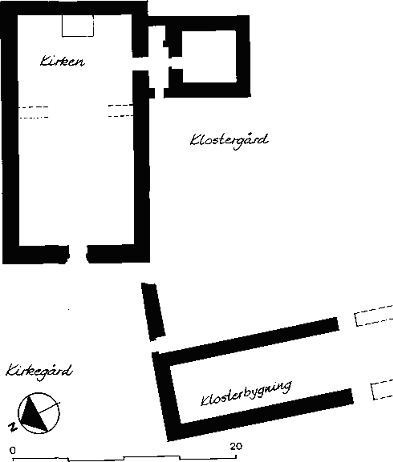 Plan av klosterruinen i Dragsmark ved Uddevalla, tegnet etter undersøkelsene ved Wilh. Berg i 1897